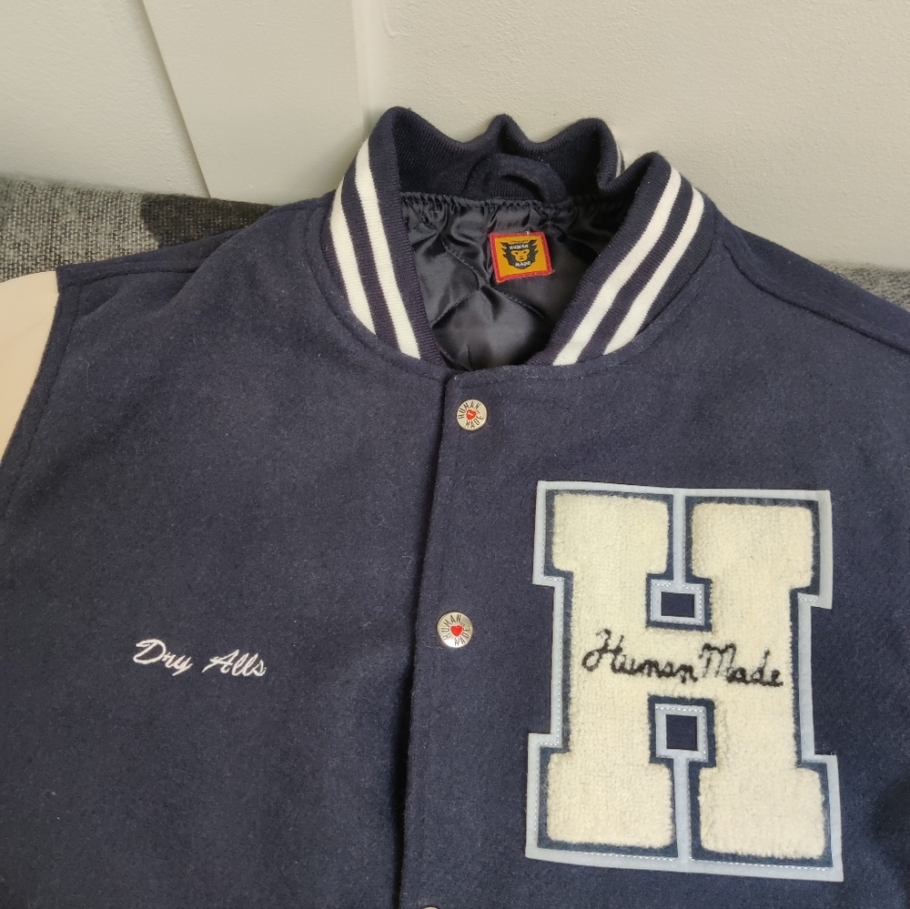 Human Made Dry Alls Varsity Jacket Navy Wool Leather Size L - Picture 5 of 12